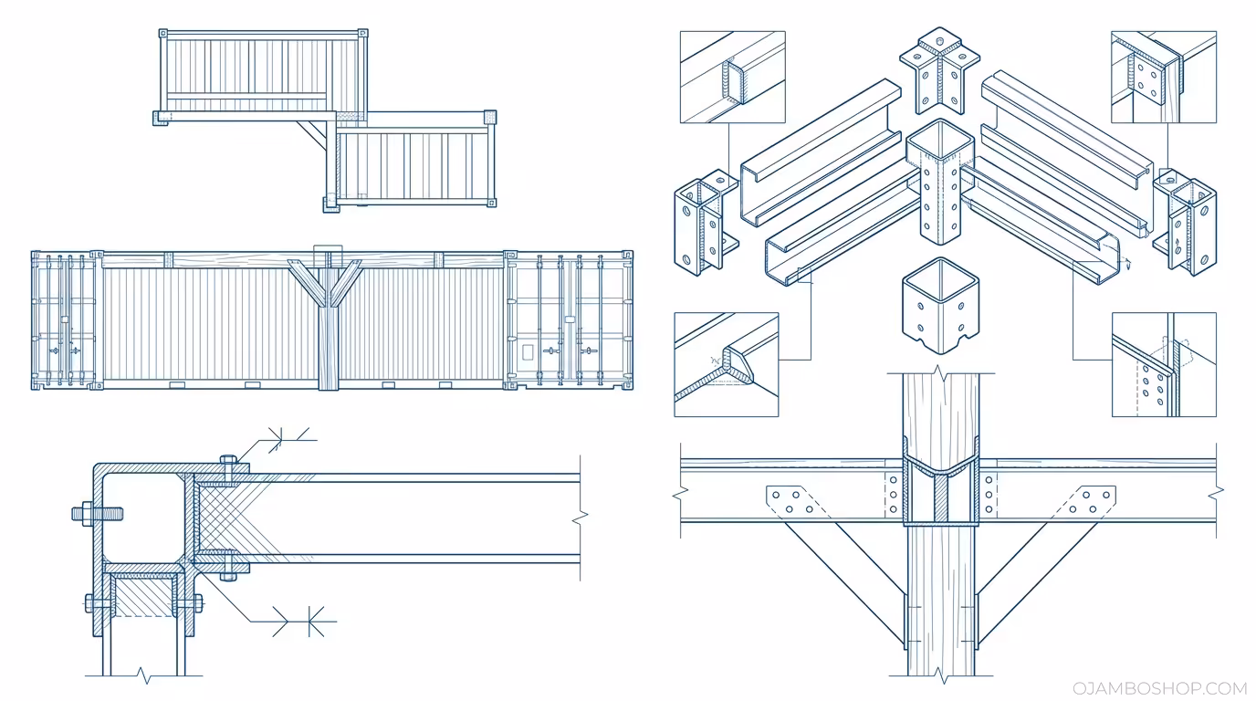 L-Shaped Multi-Container Layout (640 sq ft) Technical Framing Detail